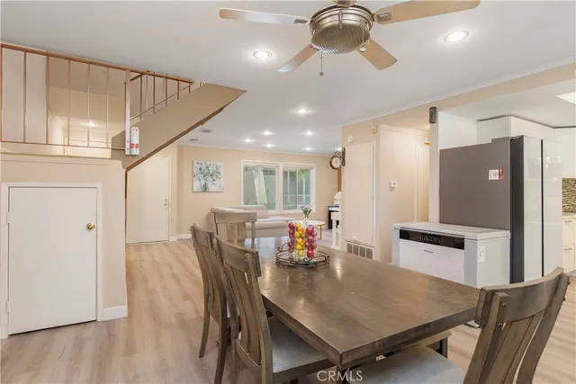 a view of a dining room with furniture