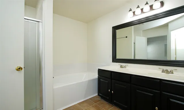 a bathroom with a sink vanity and mirror