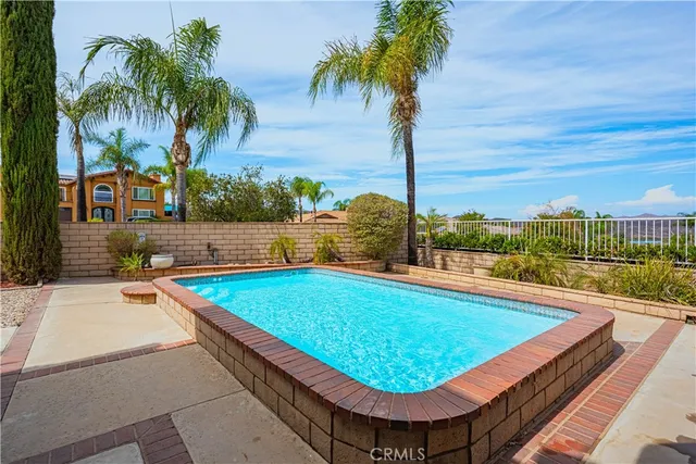 a view of a swimming pool with a bench and palm trees