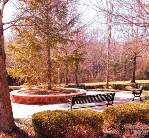 a garden view with a seating space