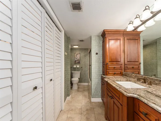 a bathroom with a granite countertop sink a toilet and shower