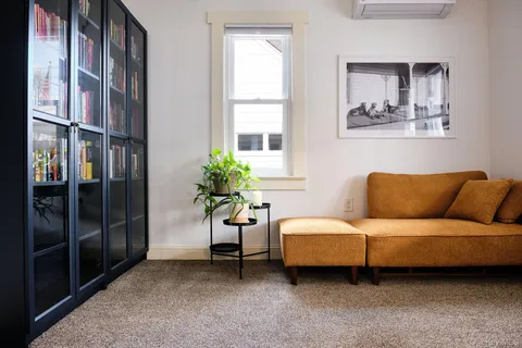 a living room with a couch and a potted plant