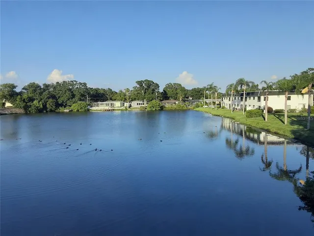 a view of a lake with beach and city view