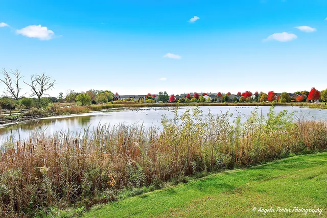 a view of a lake with houses in the back