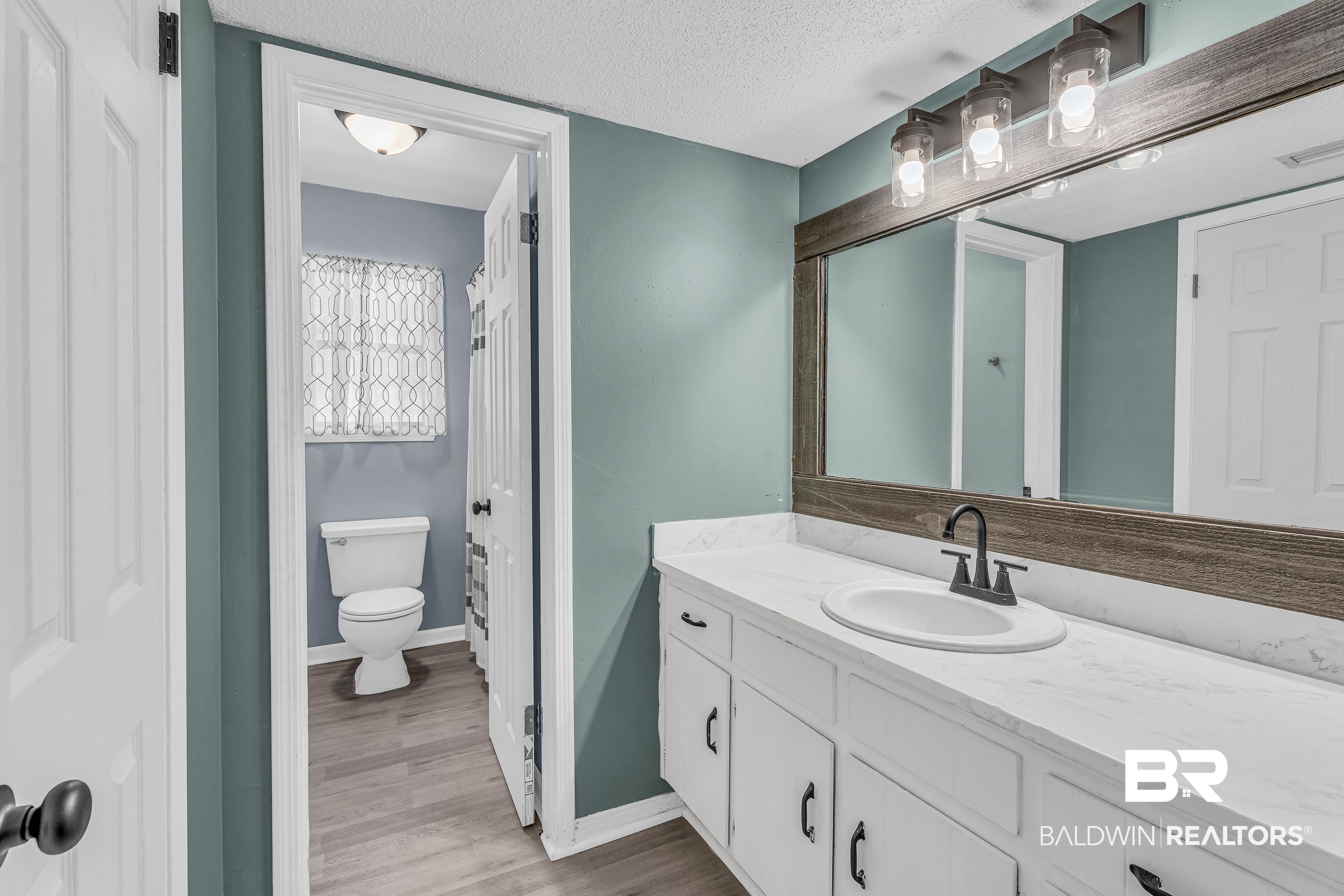 6135 Oak Cliff Drive Eight Mile, AL 36613 - Photo 19 of 30 Full bathroom featuring vanity, light wood-type flooring, a textured ceiling, and a shower with curtain