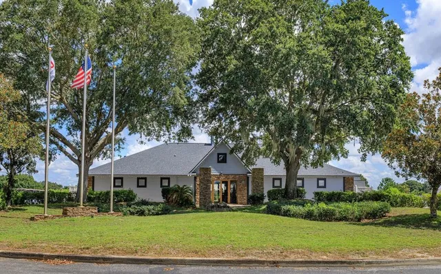 a view of a park with large trees