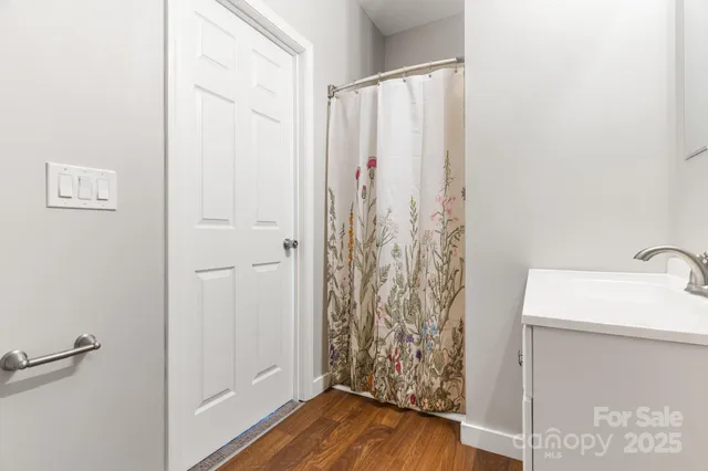 a bathroom with a shower curtain and a sink