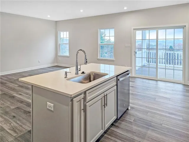 a kitchen with a sink cabinets and wooden floor