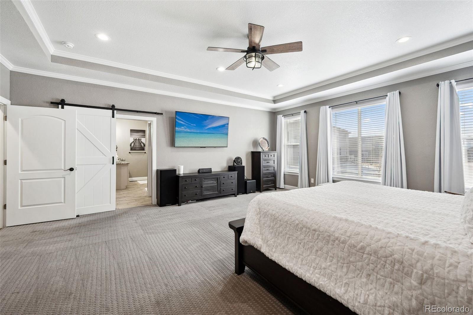 156 Chapel Hill Circle Brighton, CO 80601 - Photo 26 of 48 a bedroom with a large bed closet and flat tv screen