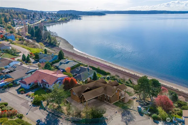 an aerial view of a house with a garden