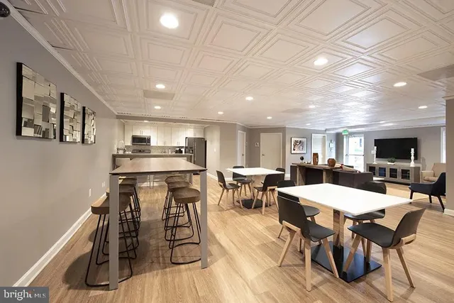 a view of a dining room with furniture