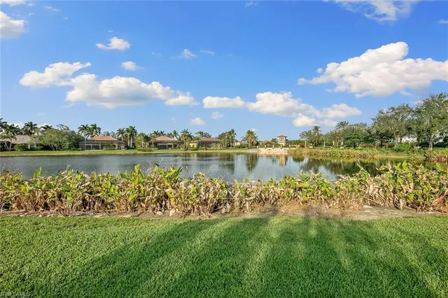 a view of a lake with houses in the back