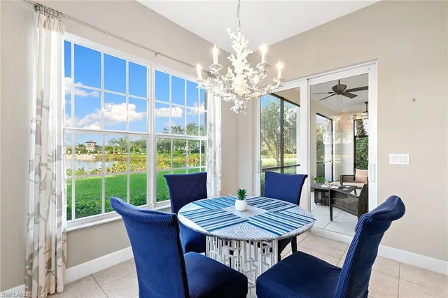 a view of a dining room with furniture window and outside view