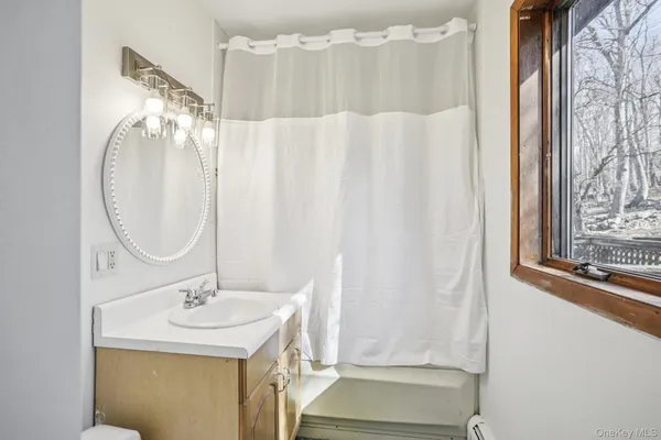 a bathroom with a sink vanity and a mirror