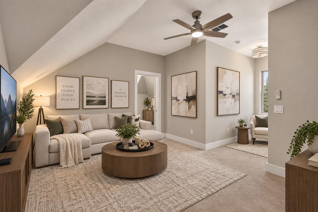 108 Winding Way Azle, TX 76020 - Photo 16 of 38 Virtually staged area upstairs with vaulted ceiling, ceiling fan with integrated lighting, wood-finish media console, neutral wall paint, and recessed lighting
