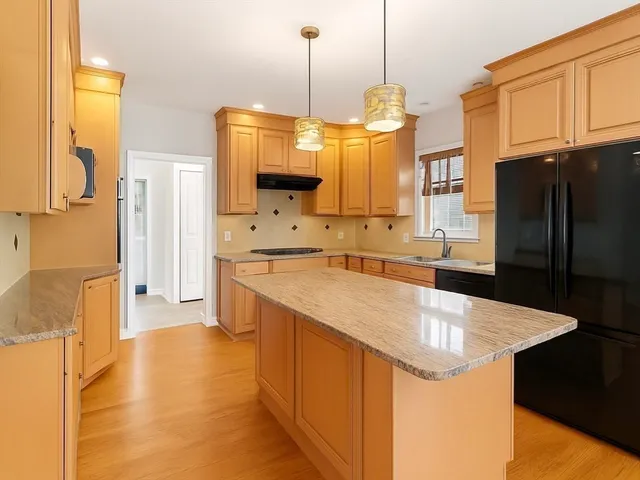 a kitchen with stainless steel appliances granite countertop a sink a refrigerator and a wooden floor