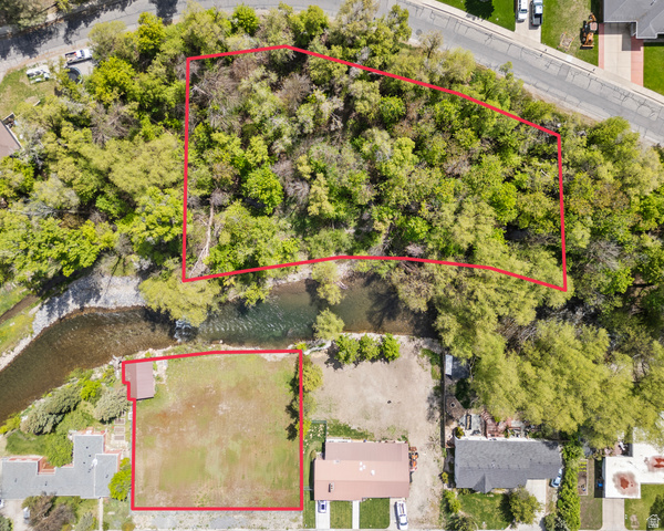 Expansive property featuring a riverfront boundary, mature tree coverage, and a cleared building area