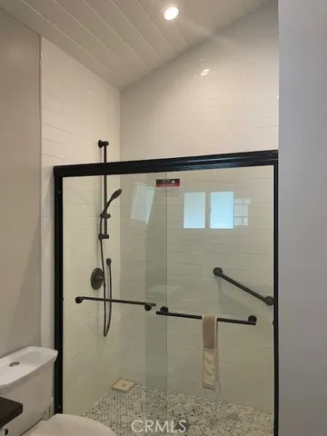 a bathroom with a shower and toilet