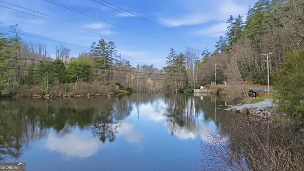 a view of river covered by trees and buildings