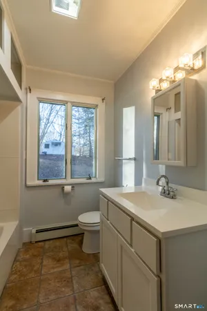 a bathroom with a sink toilet and mirror