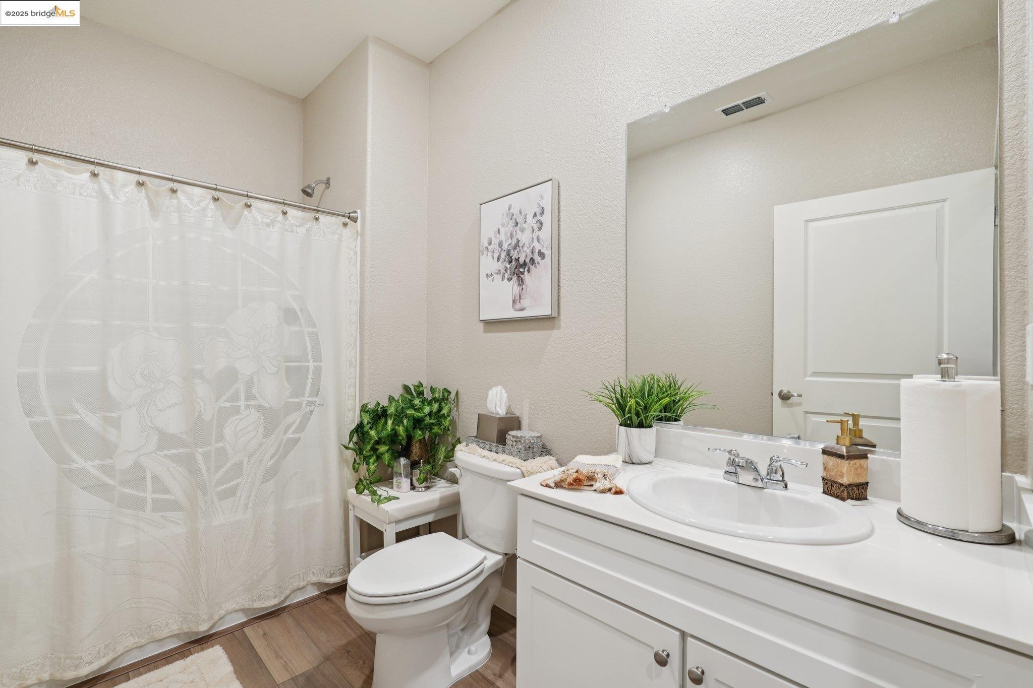 2119 Revival Lane Rio Vista, CA 94571 - Photo 22 of 44 a bathroom with a sink a toilet a mirror and shower curtain