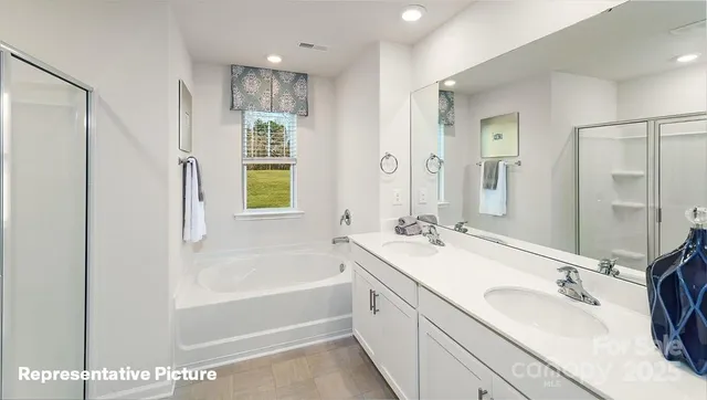 a bathroom with a tub sink and mirror