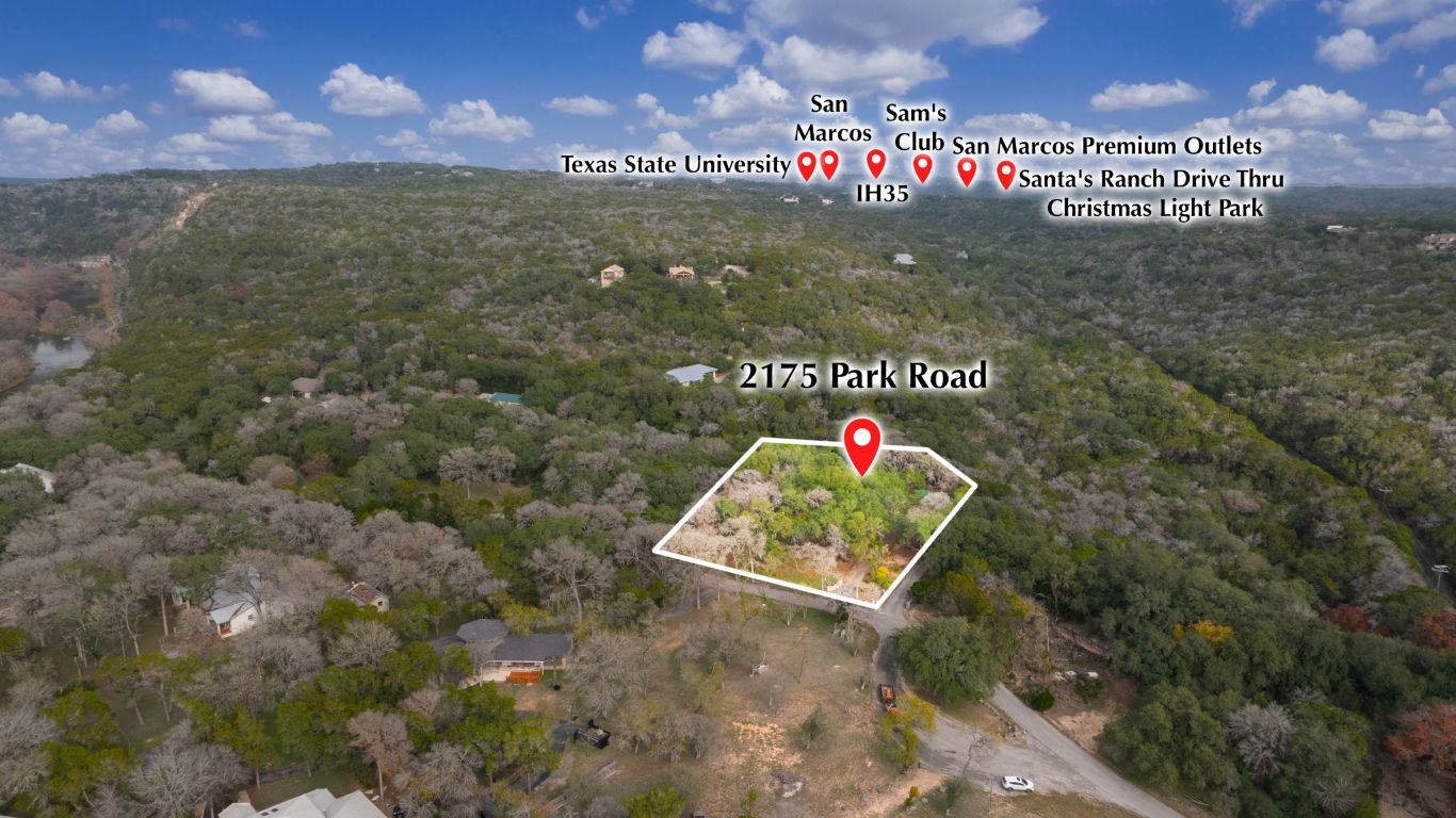2175 Park Road New Braunfels, TX 78132 - Photo 31 of 39 Aerial overview of property's location featuring property boundaries highlighted and a heavily wooded area