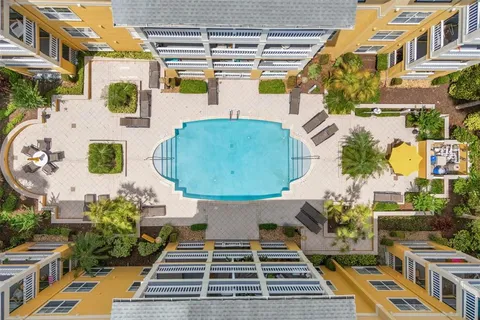an aerial view of a swimming pool