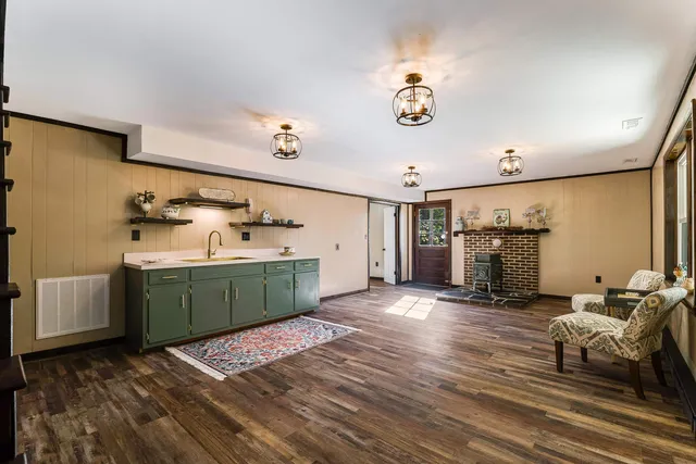 a backyard of a house with large trees