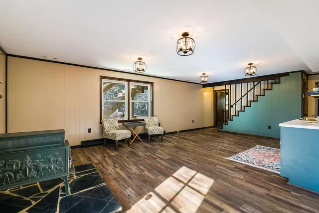 a view of a city with lush green forest