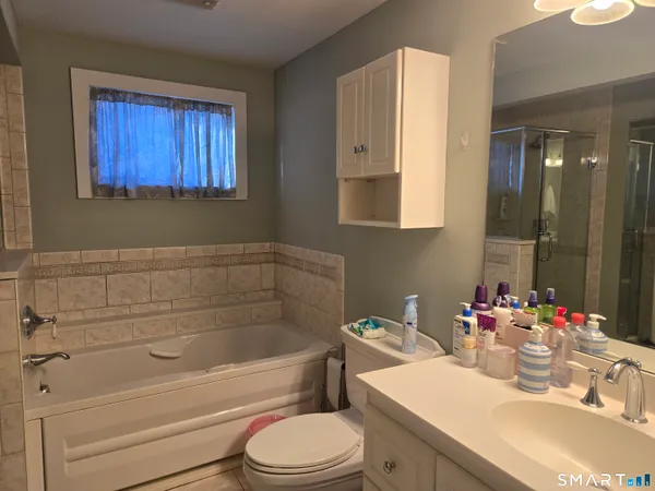 a bathroom with a sink toilet vanity and tub