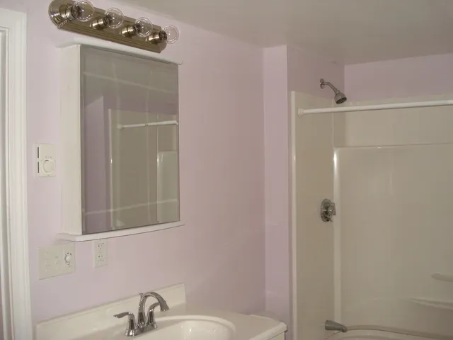 a bathroom with a shower and a sink