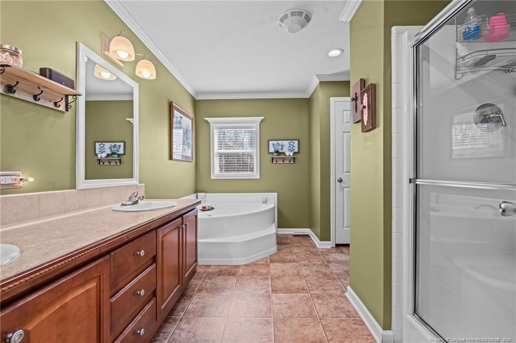 4194 Abattoir Road Angier, NC 27501 - Photo 35 of 50 a spacious bathroom with a granite countertop sink mirror and a bathtub