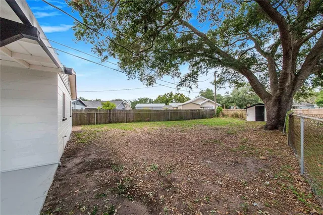a view of a yard with plants and a large tree