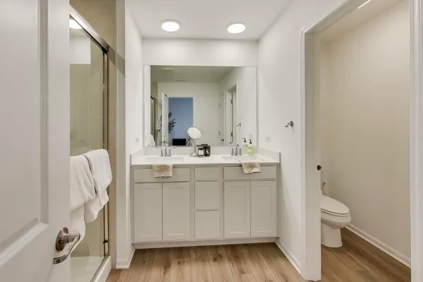 a bathroom with a sink a toilet and a mirror