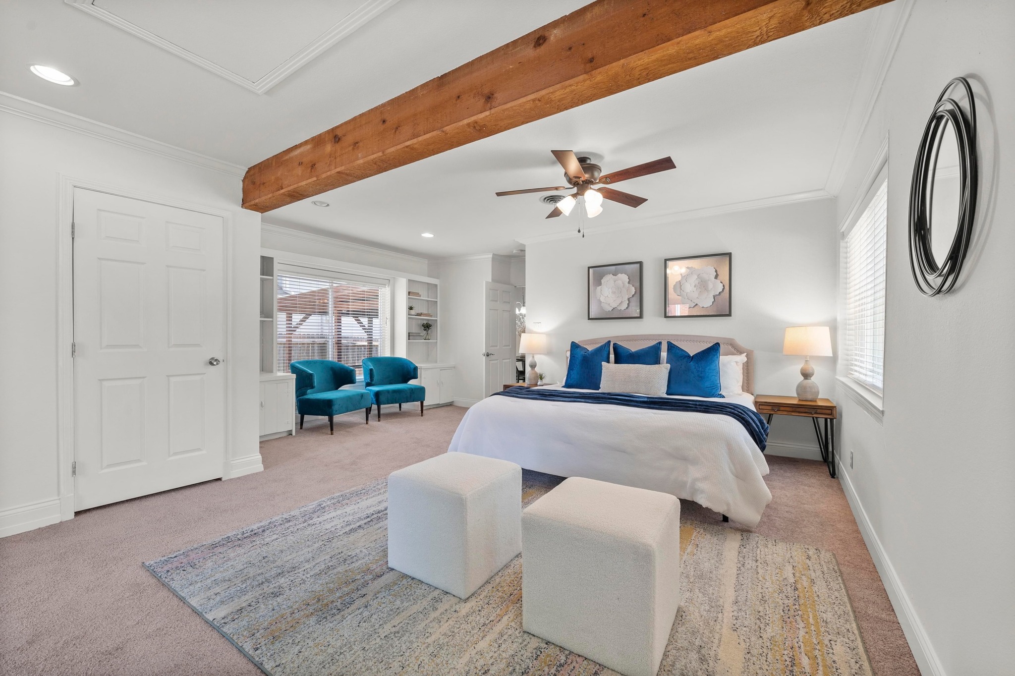 2640 West 45th Street Austin, TX 78731 - Photo 17 of 34 Carpeted bedroom with crown molding, recessed lighting, beam ceiling, and ceiling fan
