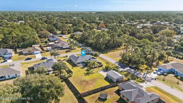aerial view of a house with swimming pool and large trees