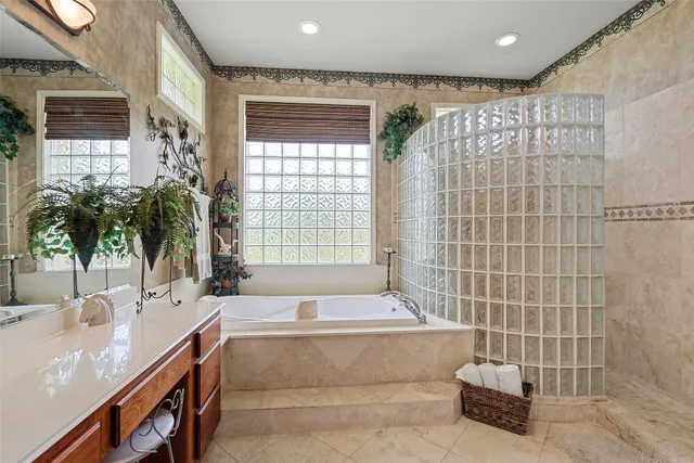 a bathroom with a granite countertop bathtub a sink and a shower