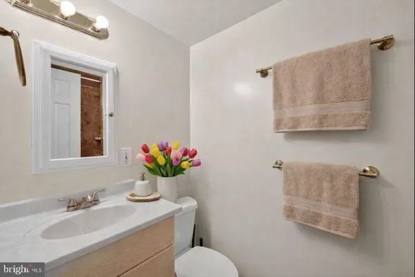 a bathroom with a sink mirror and vanity