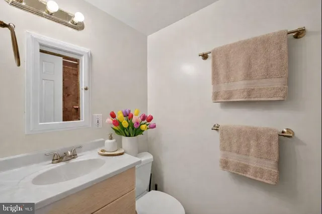 a bathroom with a sink mirror and vanity