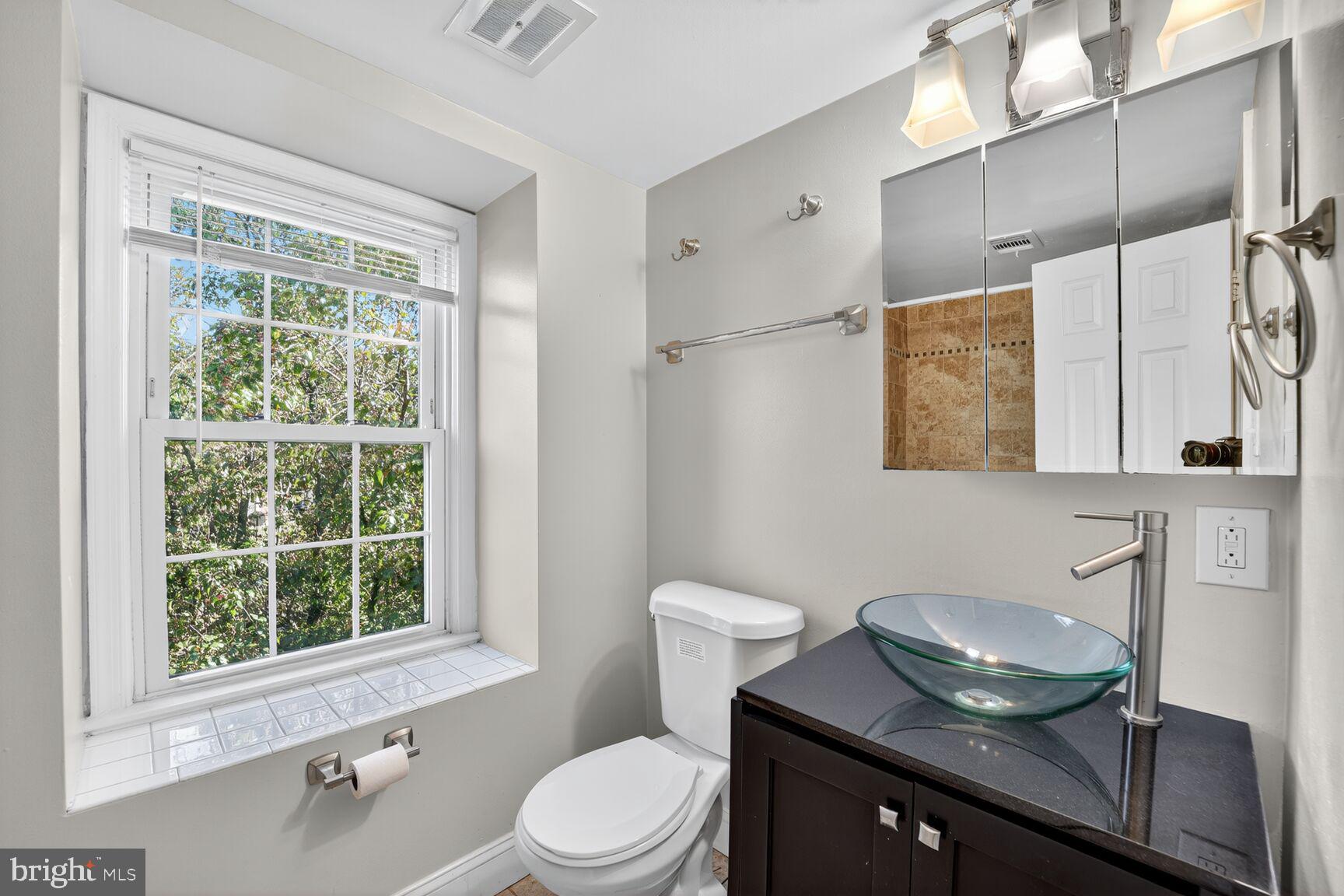 4200 River Road Northwest Washington, DC 20016 - Photo 35 of 52 a bathroom with a granite countertop sink mirror vanity and toilet