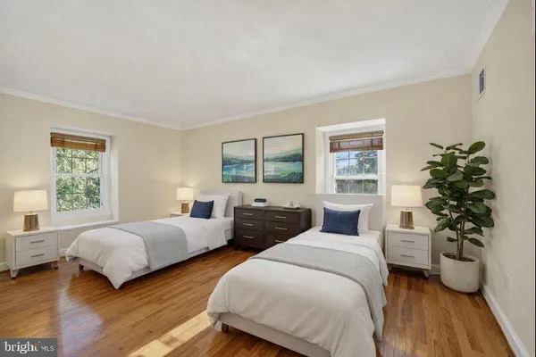a bedroom with two beds and a potted plant