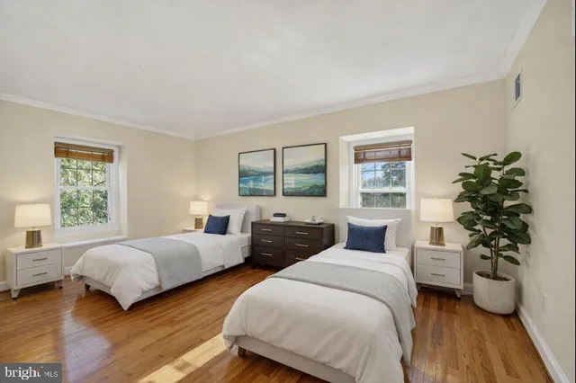 a bedroom with two beds and a potted plant