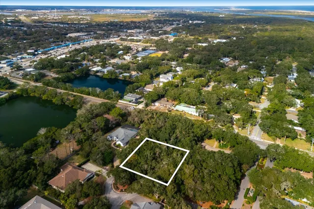 an aerial view of residential houses with outdoor space and trees
