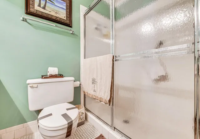 a white toilet sitting next to a shower