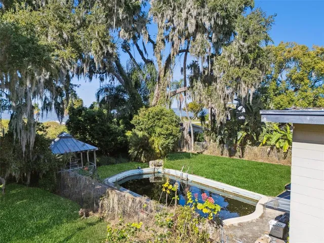 a view of a garden with a slide
