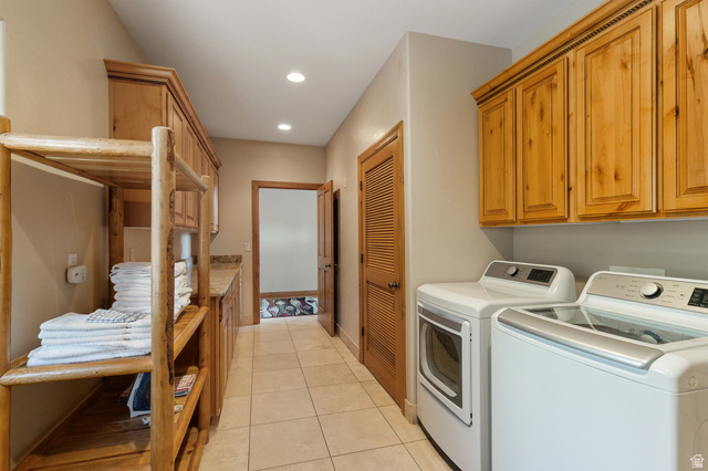 755 South Zion Ridge Drive Orderville, UT 84758 - Photo 78 of 84 Laundry room with light tile patterned flooring, washer and dryer, cabinet space, and recessed lighting
