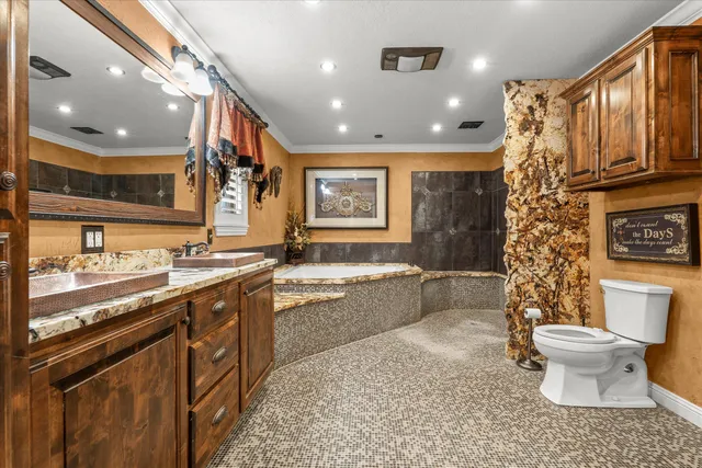 a bathroom with a granite countertop sink a toilet a mirror a vanity and bathtub