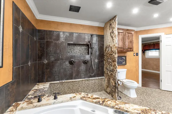 a bathroom with a sink a toilet and shower