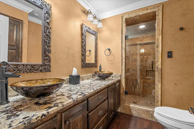 a bathroom with a granite countertop sink a toilet a mirror and shower